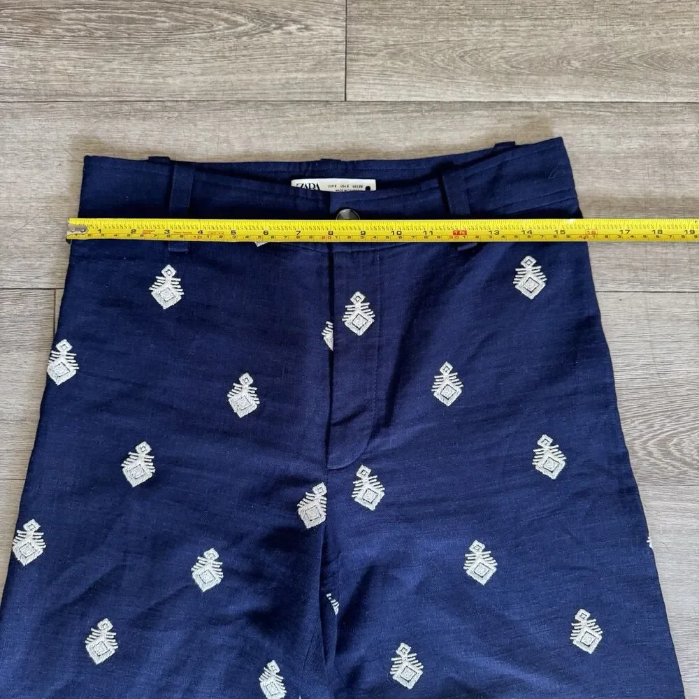 Zara High Waisted Boho ChiNavy Blue Embroidered Pants Culottes Cottagecore Sz S